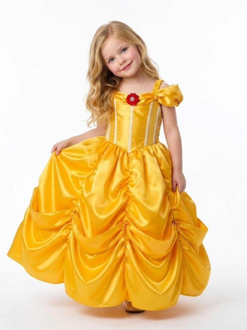 Girls Belle Princess Costume Dress Golden Yellow Satin Birthday Party